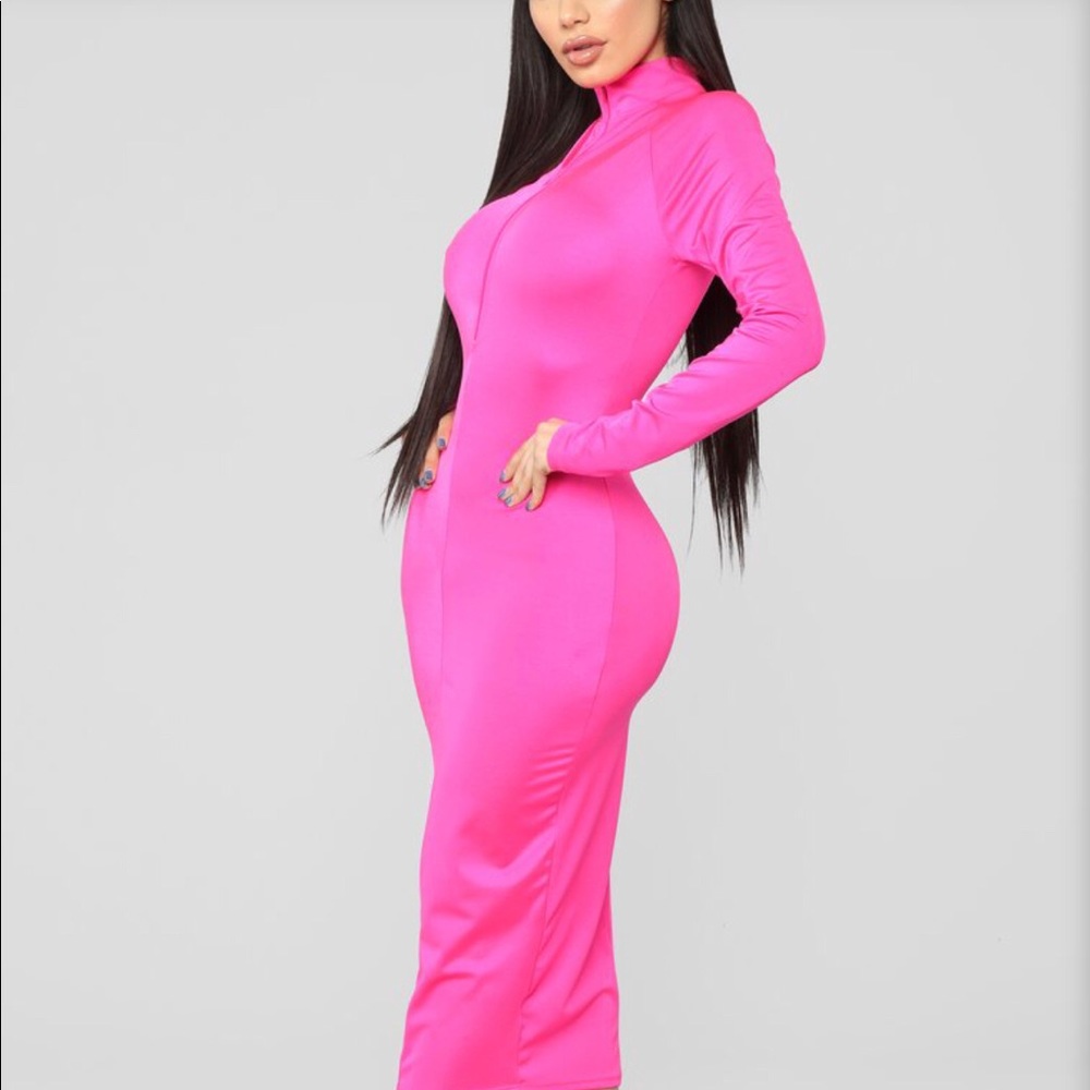 Fashion Nova Stretch Long-Sleeve Dress - Fuchsia